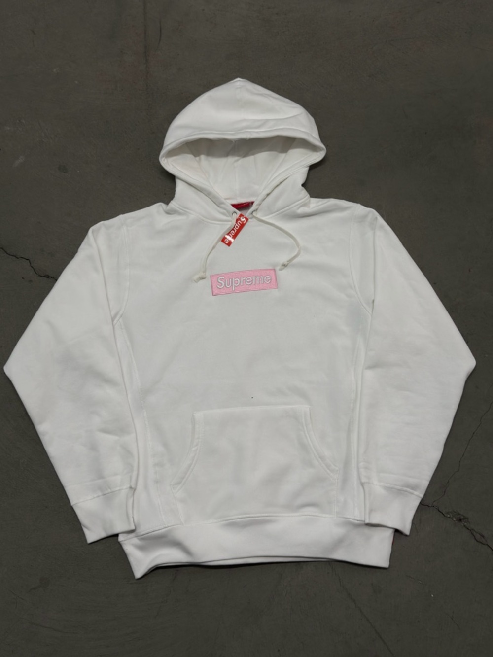 Supreme White Crewneck Hoodie with Pink Box Logo
